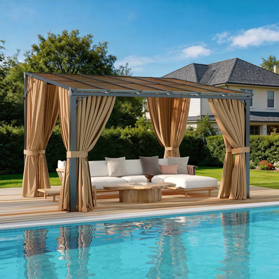 LazySunsets 10x12 FT Wall-Mounted Aluminum Gazebo Polycarbonate Roof with Full Mosquito Netting & Privacy Curtains