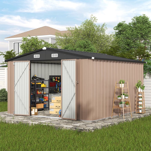 Clouddwell 10x12 ft. Metal Storage Shed, Waterproof Steel Garden Shed with Lock, Brown