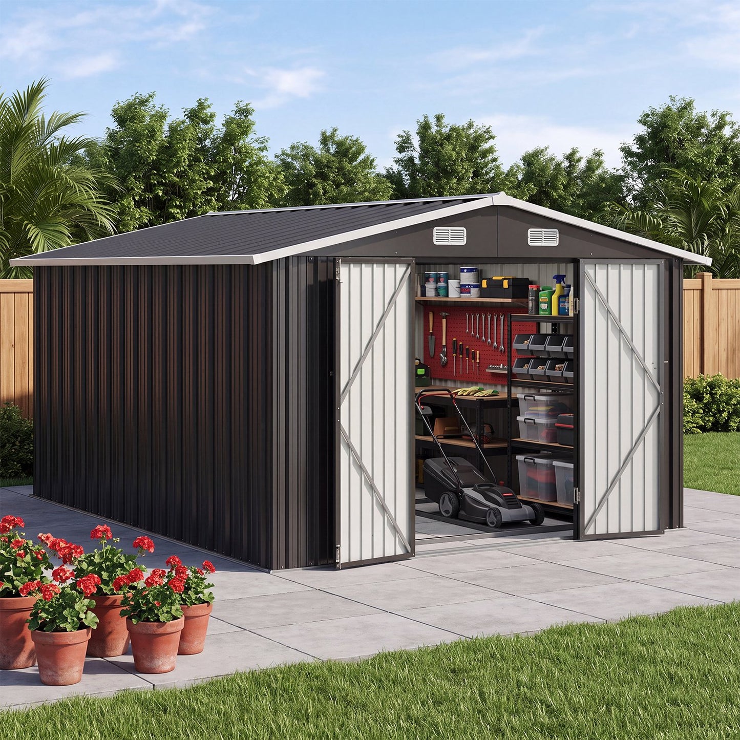 Clouddwell 10x12 ft Outdoor Storage Shed with Base, Large Metal Garden Tool Shed with Double Lockable Doors for Backyard, Patio, Black