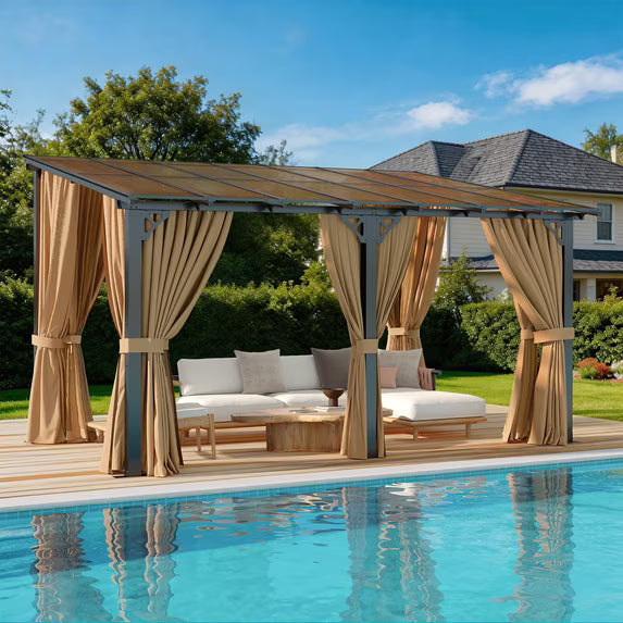 LazySunsets 10x14 FT Wall-Mounted Aluminum Gazebo Polycarbonate Roof with Full Mosquito Netting & Privacy Curtains