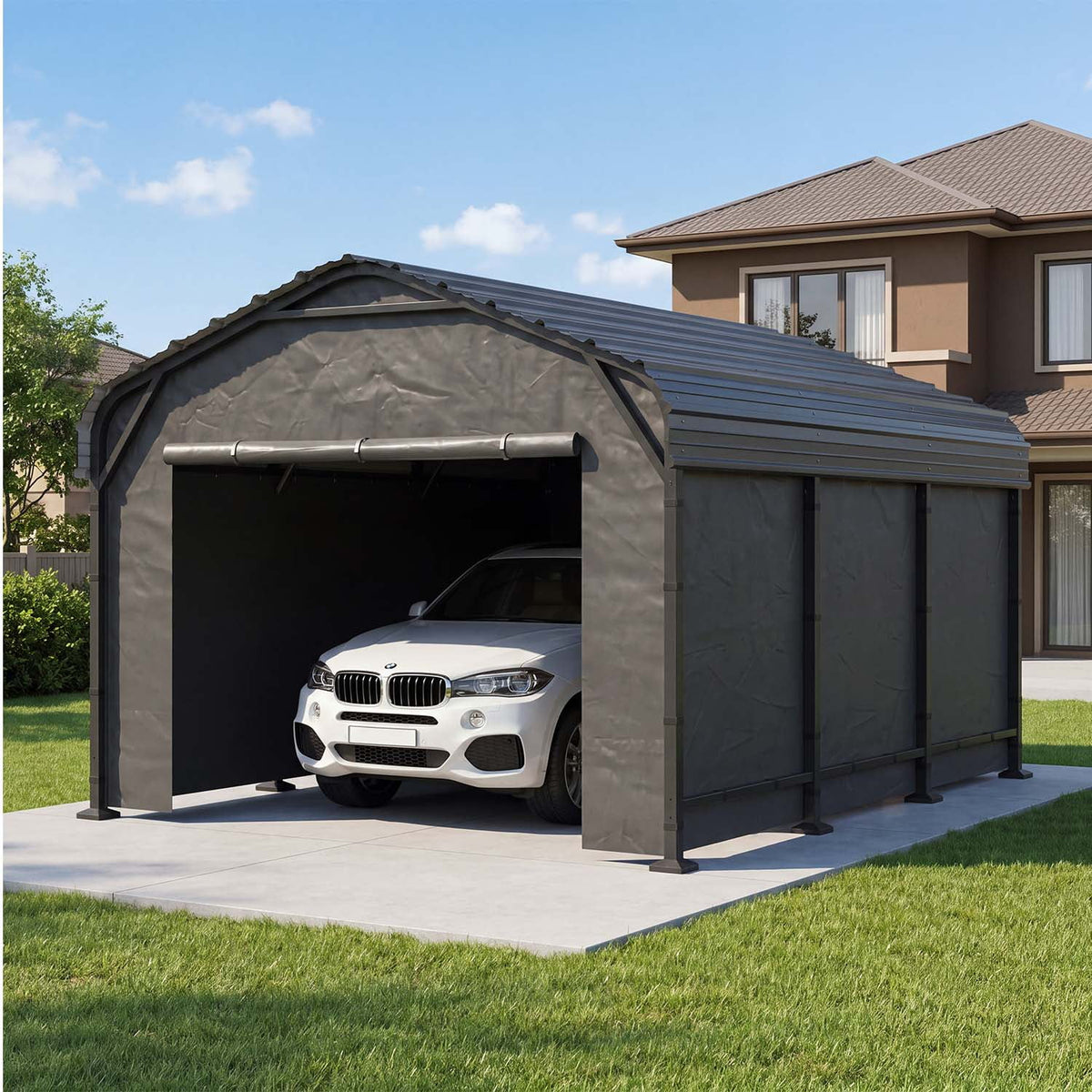 Clouddwell 10x15FT Heavy Duty Metal Carport, Carport Canopy with Sidewalls, Enclosed Car Garage, Outdoor Storage with Reinforced Frame & Galvanized Roof, Garage Shelterf for Car, Pickup, Truck, Boat