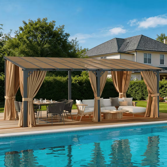 LazySunsets 10x20 FT Wall-Mounted Aluminum Gazebo Polycarbonate Roof with Full Mosquito Netting & Privacy Curtains