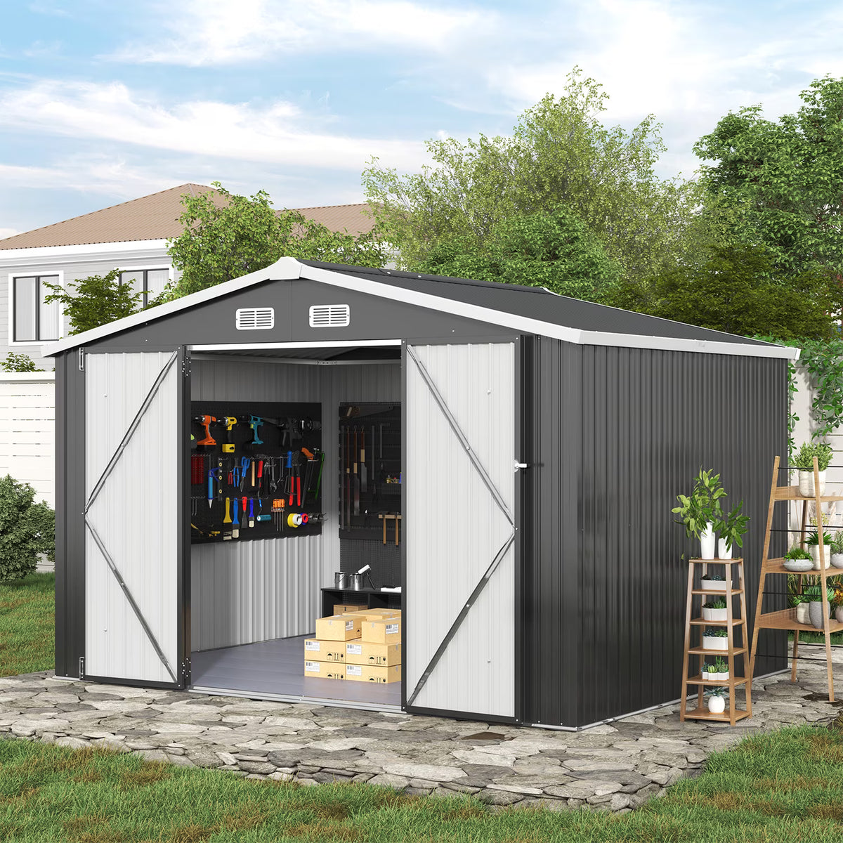 Clouddwell 10x8 FT Outdoor Metal Storage Shed with Floor (12mm PP Floor) & Double Doors for Patio, Backyard - Black