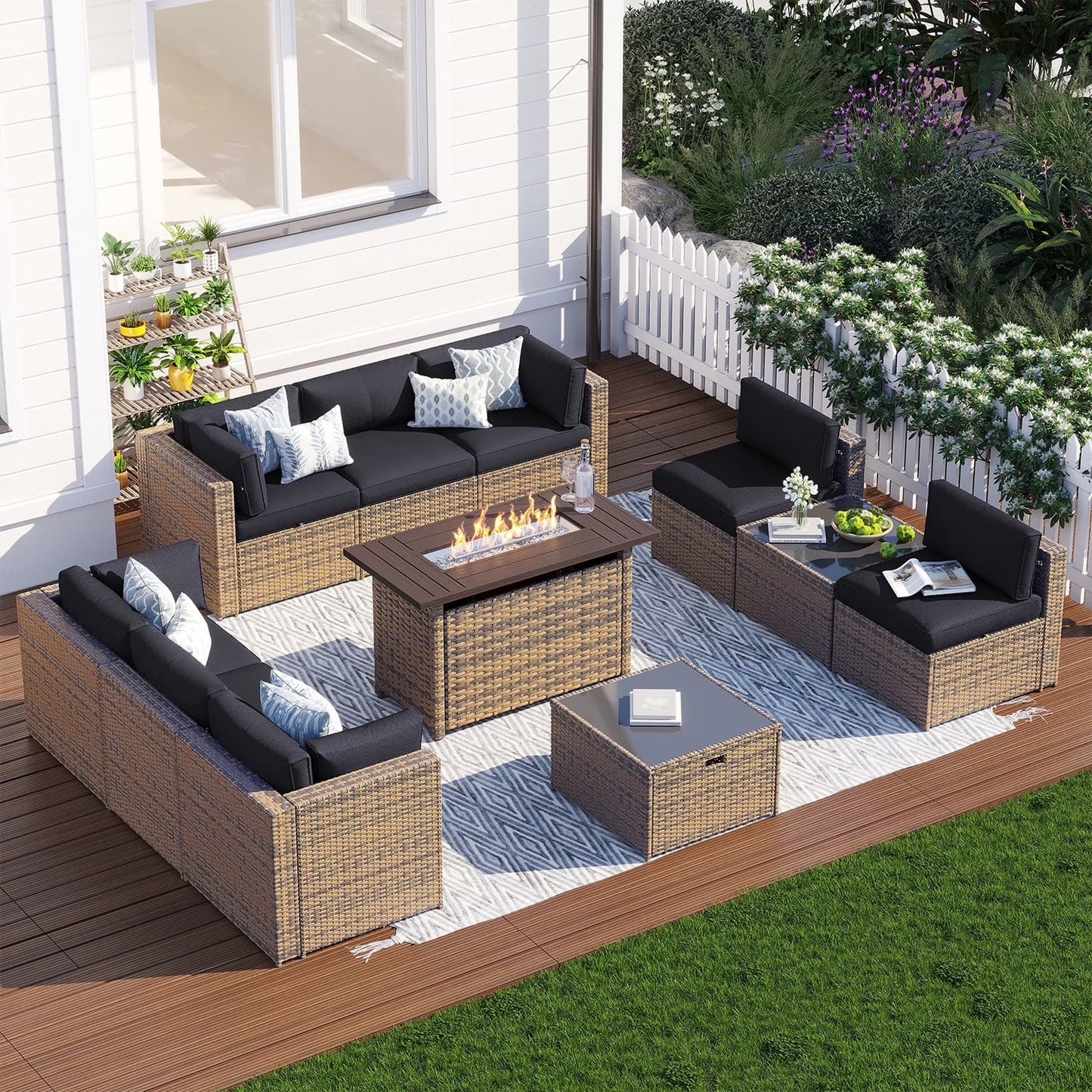 Clouddwell 11 Piece Patio Furniture Set with 44” Fire Pit Table Wicker Rattan Patio Conversation Set Outdoor Sectional Sofa Set with Coffee Table and Blue Cushions(Waterproof Cover Included)