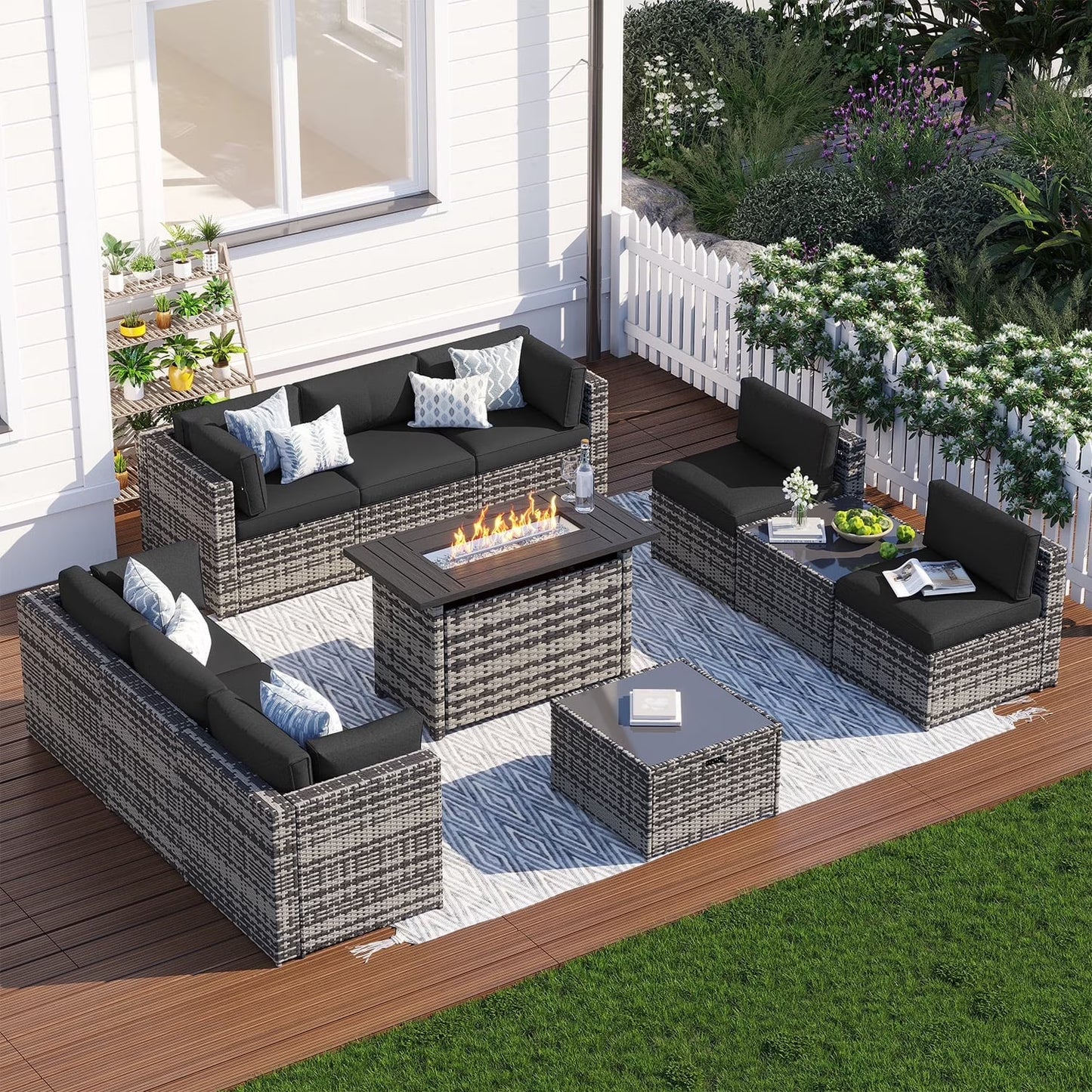 Clouddwell 11 Piece Patio Furniture Set with 44” Fire Pit Table Wicker Rattan Patio Conversation Set Outdoor Sectional Sofa Set with Coffee Table and Gray Cushions(Waterproof Cover Included)