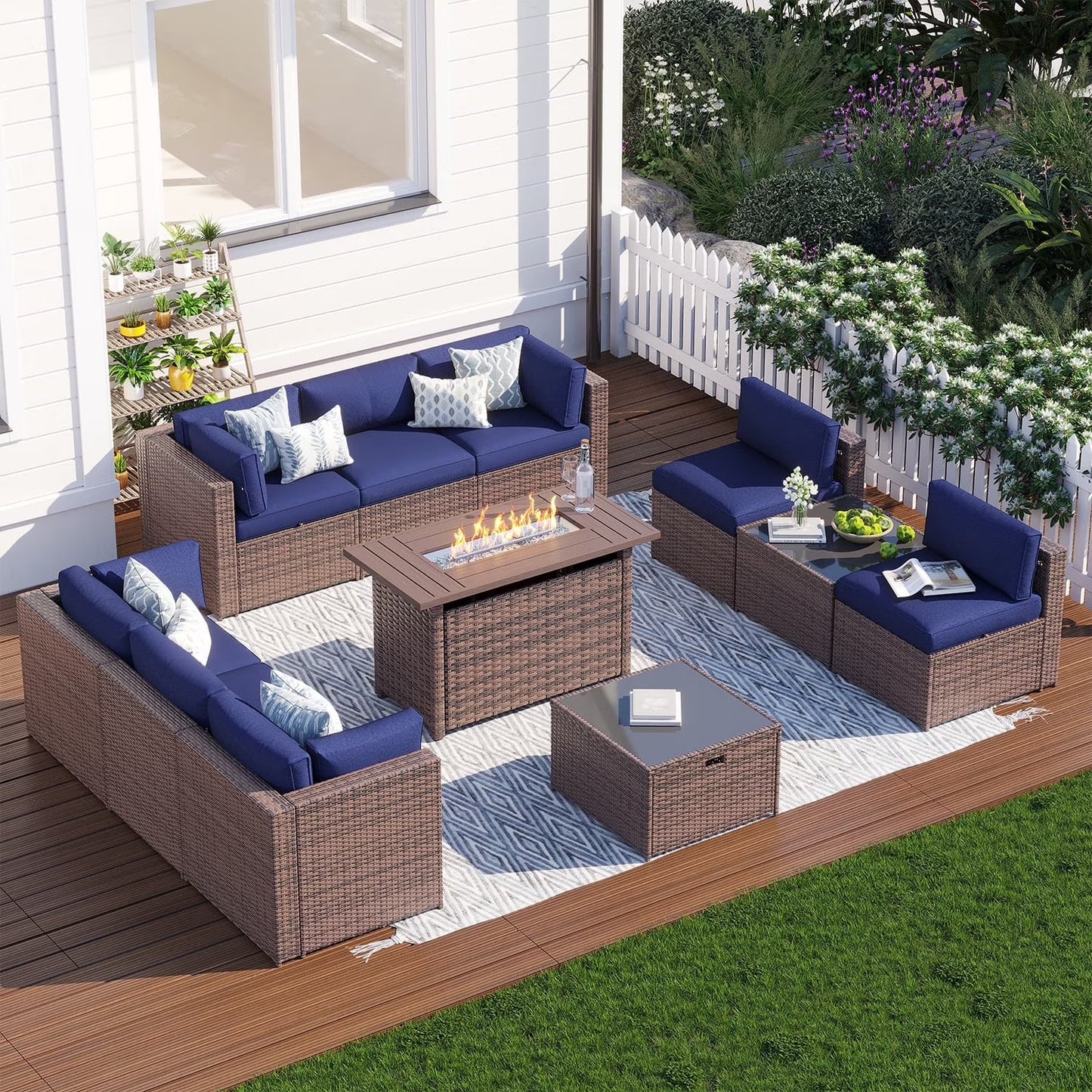 Clouddwell 11 Piece Patio Furniture Set with 44” Fire Pit Table Wicker Rattan Patio Conversation Set Outdoor Sectional Sofa Set with Coffee Table and Blue Cushions