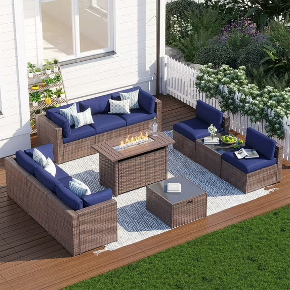 Clouddwell 11 Piece Patio Furniture Set with 44” Fire Pit Table Wicker Rattan Patio Conversation Set Outdoor Sectional Sofa Set with Coffee Table and Blue Cushions(Waterproof Cover Included)