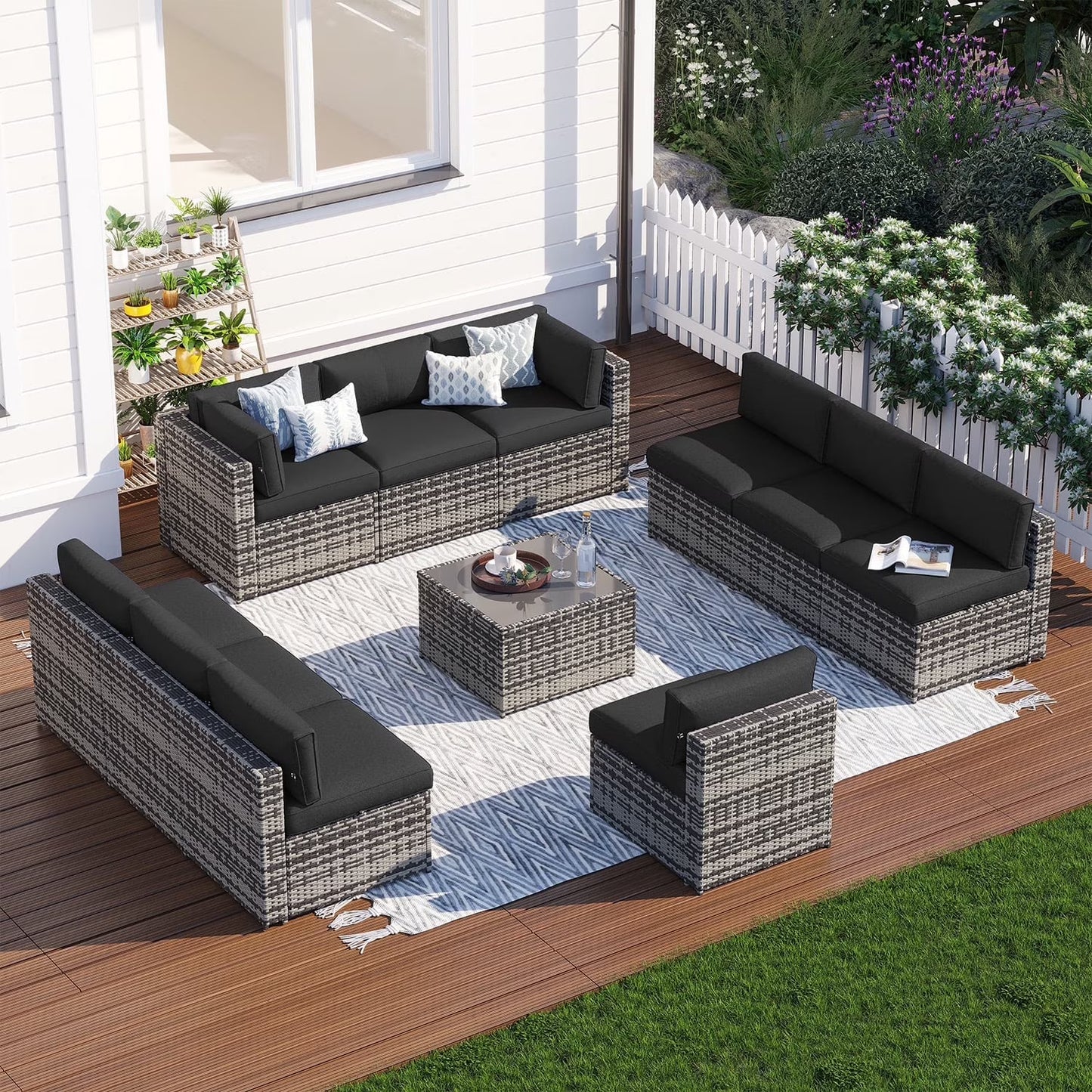 Clouddwell 11 Piece Patio Furniture Set Wicker Rattan Patio Conversation Set Outdoor Sectional Sofa Set with Coffee Table and Gray Cushions(Waterproof Cover Included)