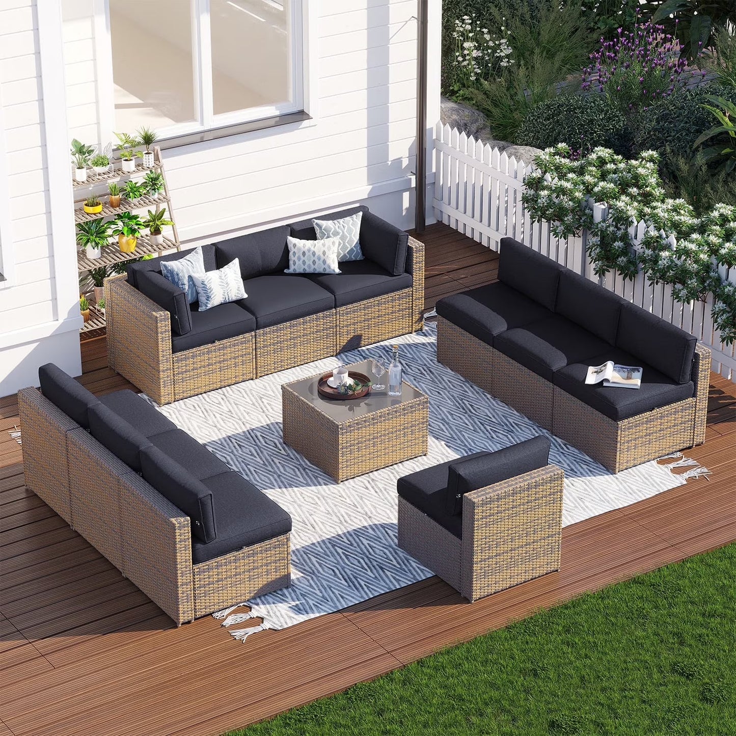 Clouddwell 11 Piece Patio Furniture Set Wicker Rattan Patio Conversation Set Outdoor Sectional Sofa Set with Coffee Table and Black Cushions(Waterproof Cover Included)