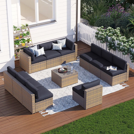 Clouddwell 11 Piece Patio Furniture Set Wicker Rattan Patio Conversation Set Outdoor Sectional Sofa Set with Coffee Table and Black Cushions(Waterproof Cover Included)