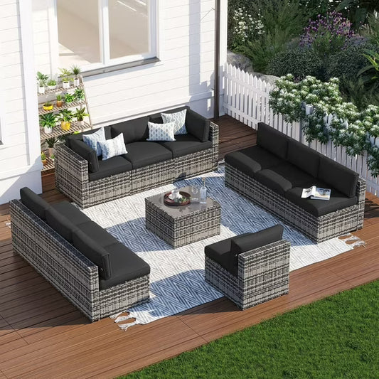 Clouddwell 11 Piece Patio Furniture Set Wicker Rattan Patio Conversation Set Outdoor Sectional Sofa Set with Coffee Table and Black Cushions(Waterproof Cover Included)
