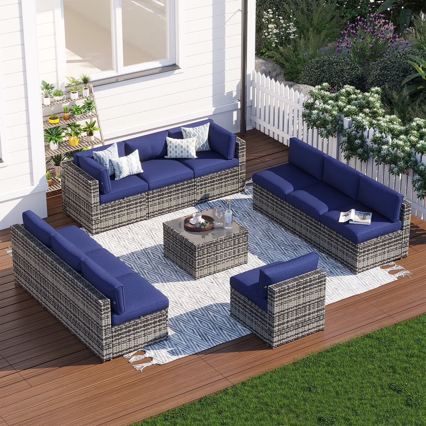 Clouddwell 11 Piece Patio Furniture Set Wicker Rattan Patio Conversation Set Outdoor Sectional Sofa Set with Coffee Table and Gray Cushions(Waterproof Cover Included)
