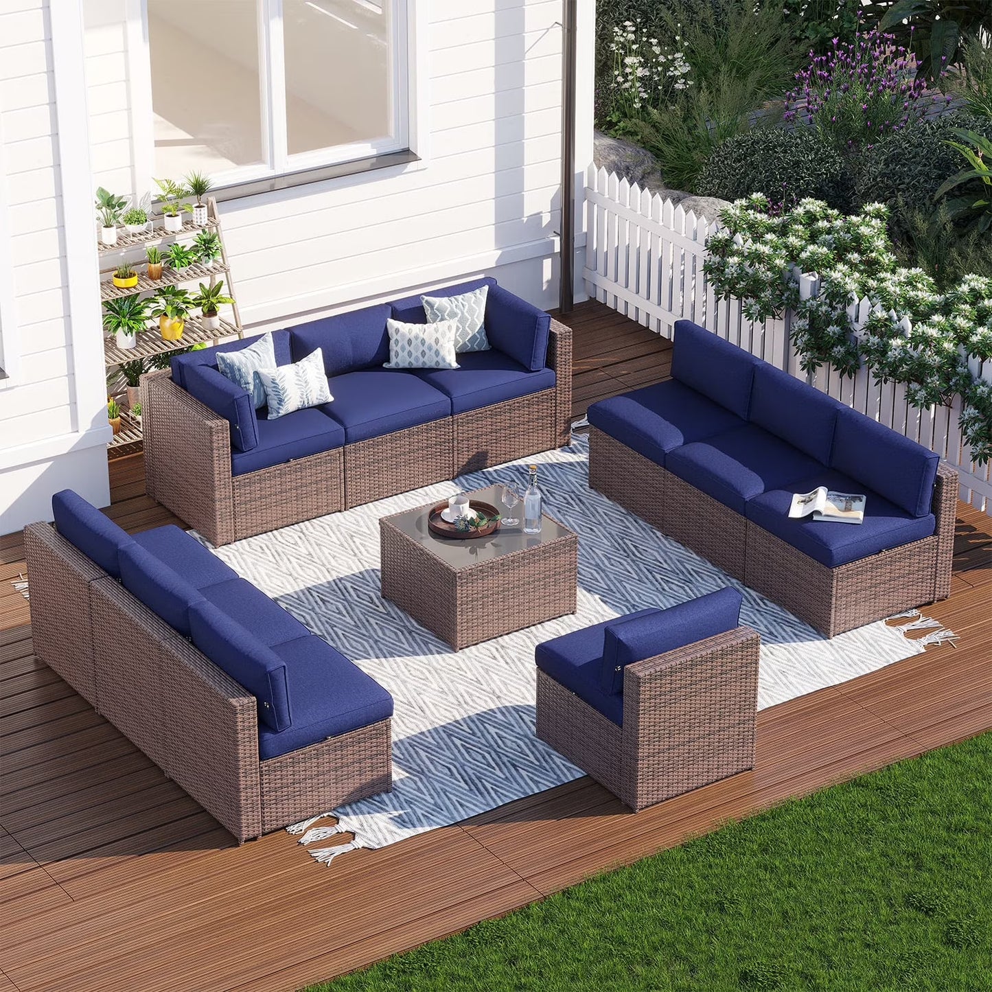 Clouddwell 11 Piece Patio Furniture Set Wicker Rattan Patio Conversation Set Outdoor Sectional Sofa Set with Coffee Table and Blue Cushions(Waterproof Cover Included)