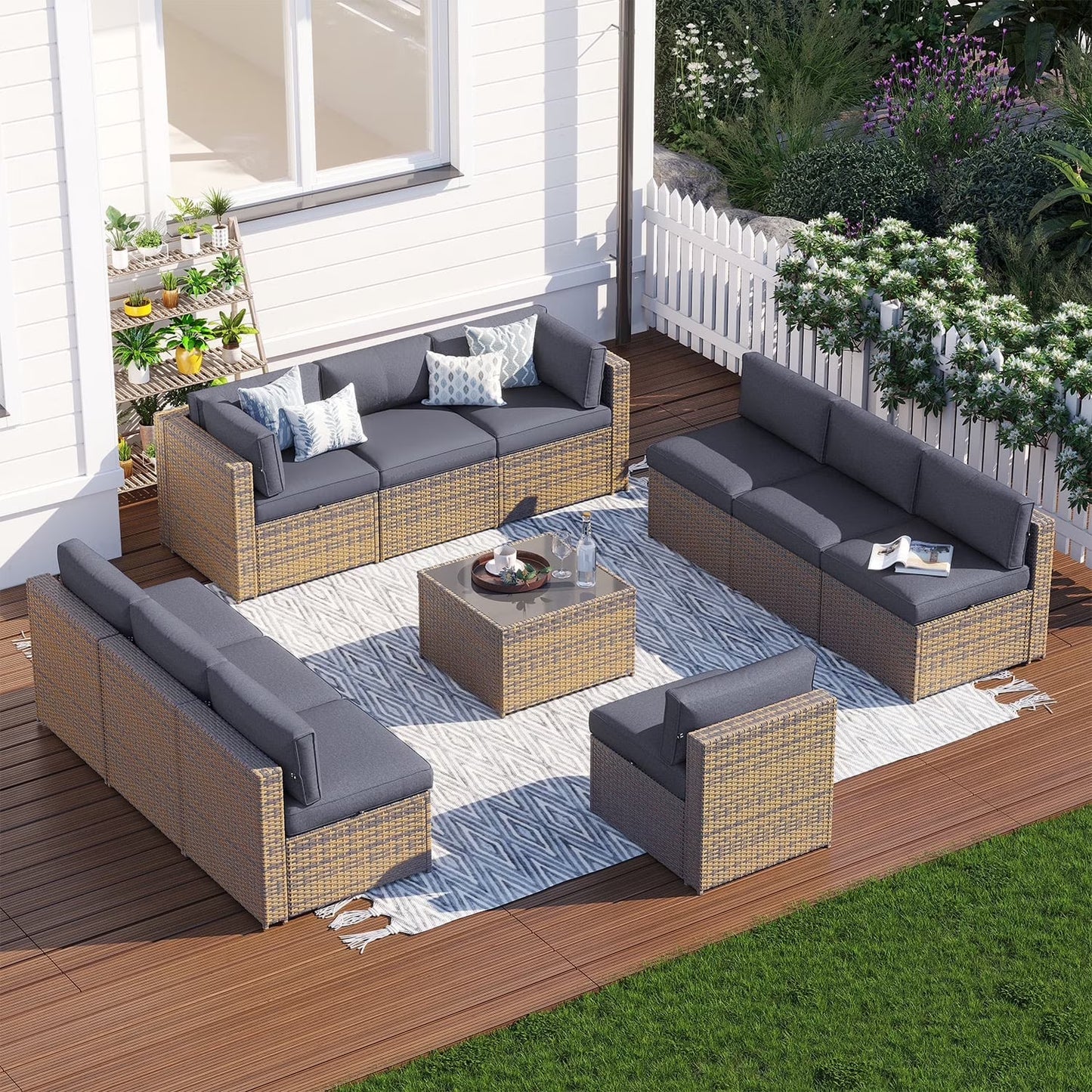Clouddwell 11 Piece Patio Furniture Set with 44” Fire Pit Table Wicker Rattan Patio Conversation Set Outdoor Sectional Sofa Set with Coffee Table and Gray Cushions(Waterproof Cover Included)
