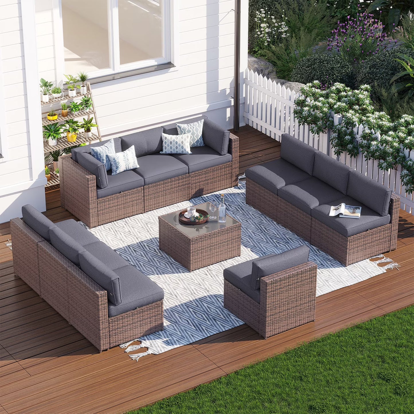 Clouddwell 11 Piece Patio Furniture Set Wicker Rattan Patio Conversation Set Outdoor Sectional Sofa Set with Coffee Table and Blue Cushions