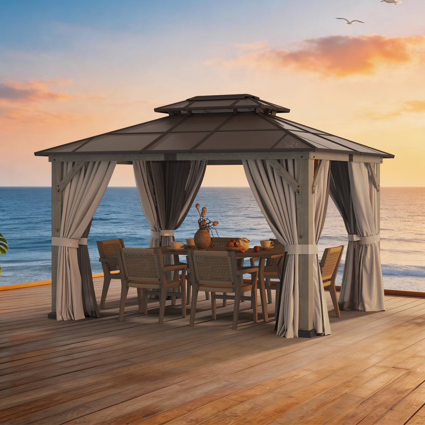 Clouddwell 12'*10' Wood Gazebo,with Double-Layer Galvanized Steel Roof,Suitable for Backyard,Desk,and Lawn