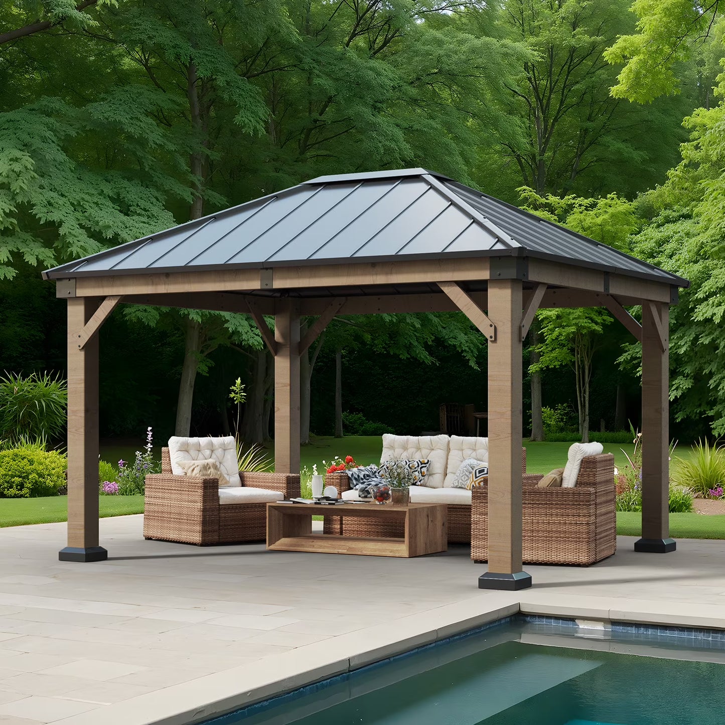 Clouddwell 12*10FT Hardtop Gazebo,Wooden Patio Gazebo with Single-Layer Galvanized Steel Roof,Suitable for Backyards,Patios and Decks.