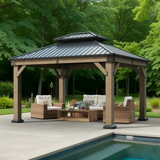 Clouddwell 12*10FT Upgraded Cedar Gazebo,Cedar Hard Roof Gazebo,with Double-Layer Galvanized Steel Roof,Suitable for Backyard,Desk,and Lawn.
