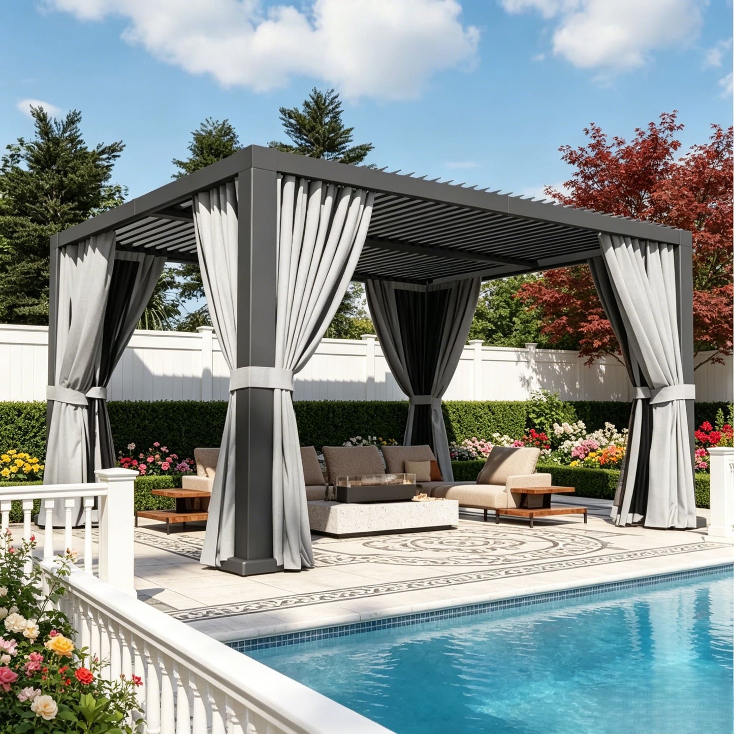 Clouddwell 12' × 14' Adjustable Louvered Pergola, Outdoor Aluminum Pergola with Curtains & Netting for Backyard, Deck & Poolside, Gray