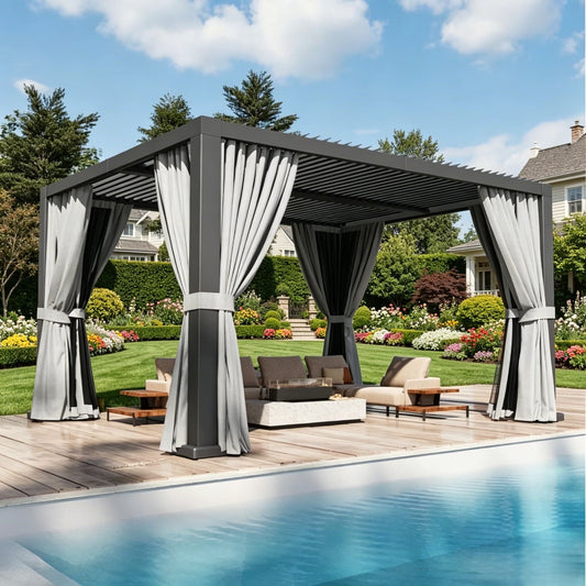 Clouddwell 12' × 16' Adjustable Louvered Pergola, Outdoor Aluminum Pergola with Curtains & Netting for Backyard, Deck & Poolside, Gray