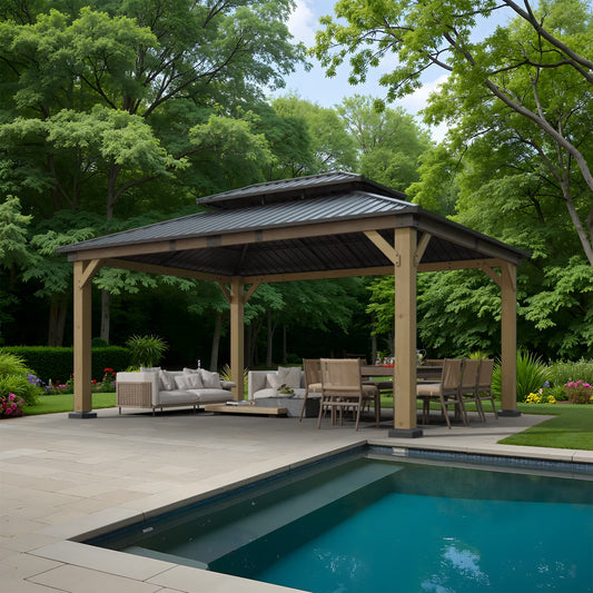 Clouddwell 12*16FT Upgraded Cedar Gazebo,Cedar Hard Roof Gazebo,with Double-Layer Galvanized Steel Roof,Suitable for Backyard,Desk,and Lawn.