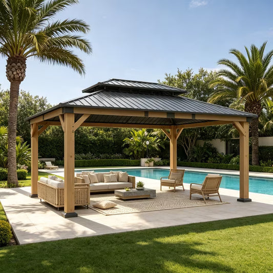 Clouddwell 12' × 16' Cedar Wood Hardtop Gazebo with Ventilated Double-Tier Metal Roof for Outdoor Patio & Backyard