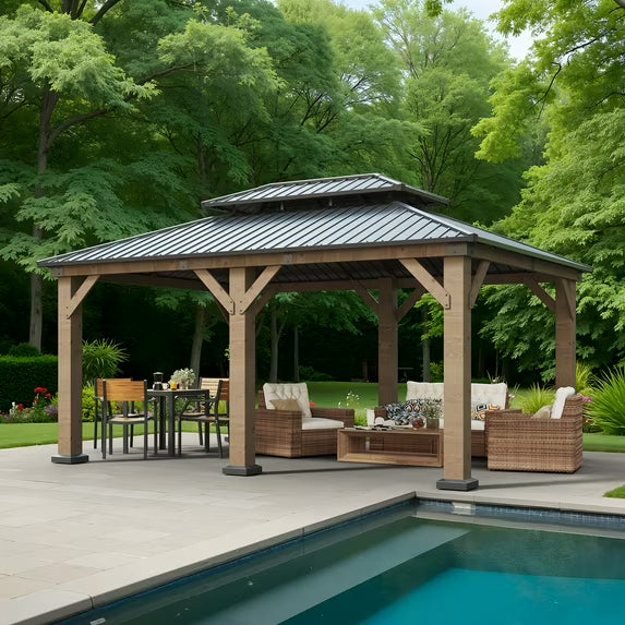 Clouddwell 12*16FT Upgraded Cedar Gazebo,Cedar Hard Roof Gazebo,with Double-Layer Galvanized Steel Roof,Suitable for Backyard,Desk,and Lawn.