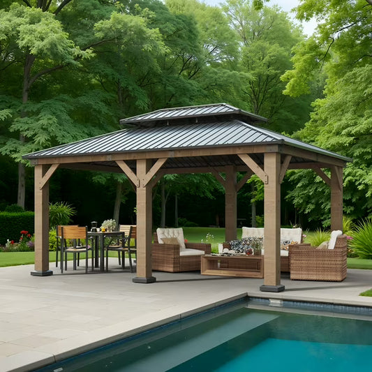 Clouddwell 12*16FT Upgraded Cedar Gazebo,Cedar Hard Roof Gazebo,with Double-Layer Galvanized Steel Roof,Suitable for Backyard,Desk,and Lawn.