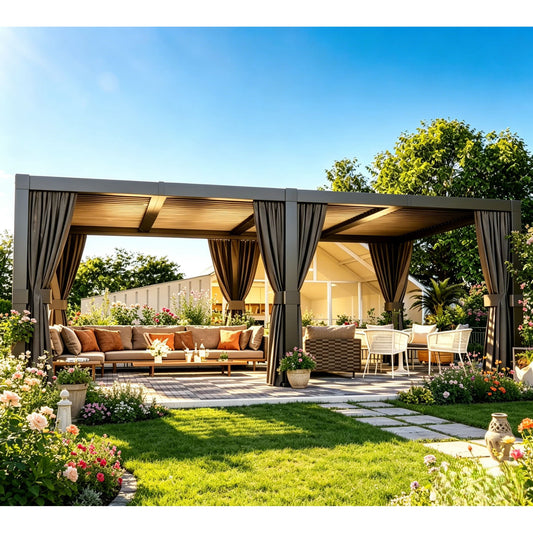 Clouddwell 12' × 20' Adjustable Louvered Pergola, Outdoor Aluminum Pergola with Curtains & Netting for Backyard, Deck & Poolside, Gray