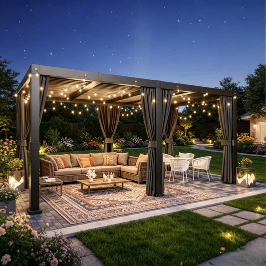 Clouddwell 12' × 20' Adjustable Louvered Pergola, Outdoor Aluminum Pergola with Curtains & Netting for Backyard, Deck & Poolside, Gray