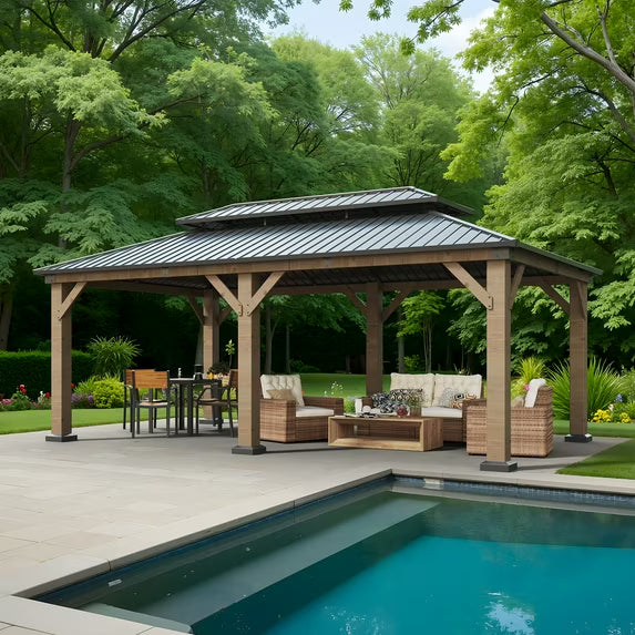 Clouddwell 12*20FT Upgraded Cedar Gazebo,Cedar Hard Roof Gazebo,with Double-Layer Galvanized Steel Roof,Suitable for Backyard,Desk,and Lawn.