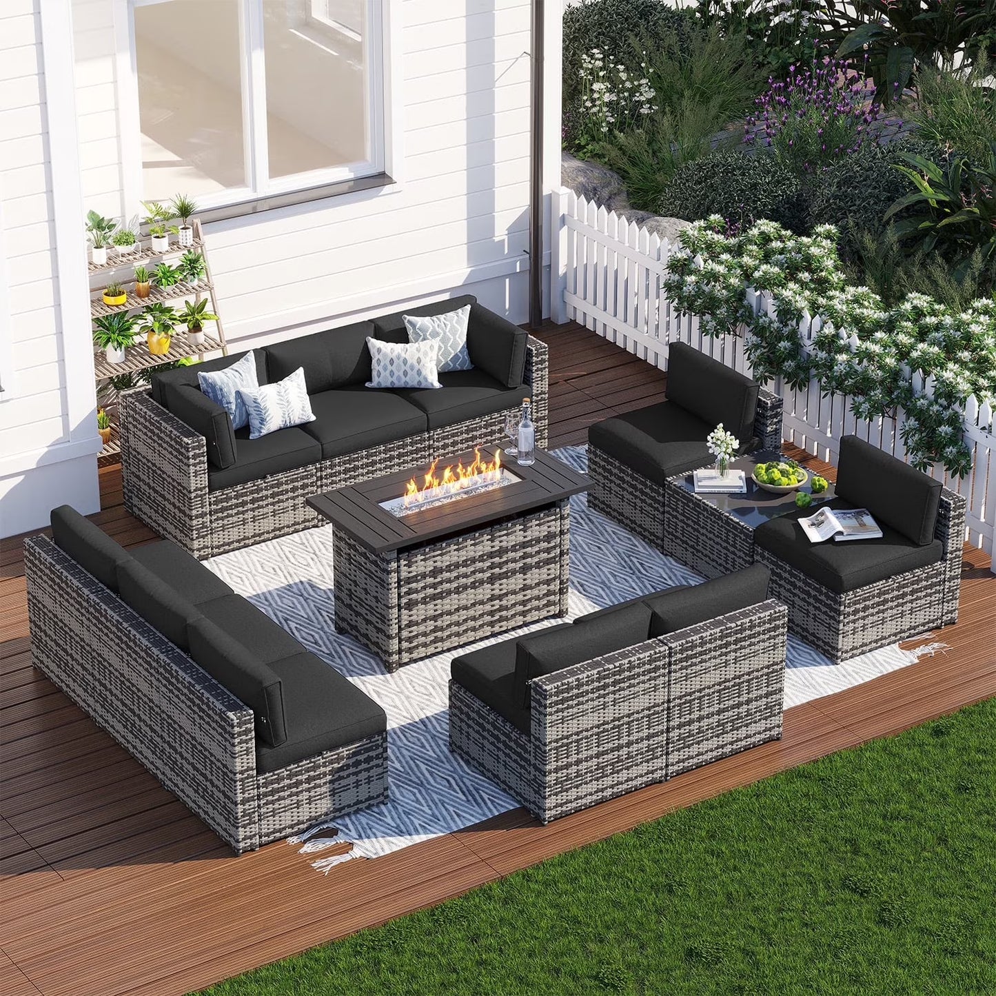 Clouddwell 12 Piece Patio Furniture Set with 44” Fire Pit Table Wicker Rattan Patio Conversation Set Outdoor Sectional Sofa Set with Coffee Table and Blue Cushions(Waterproof Cover Included)