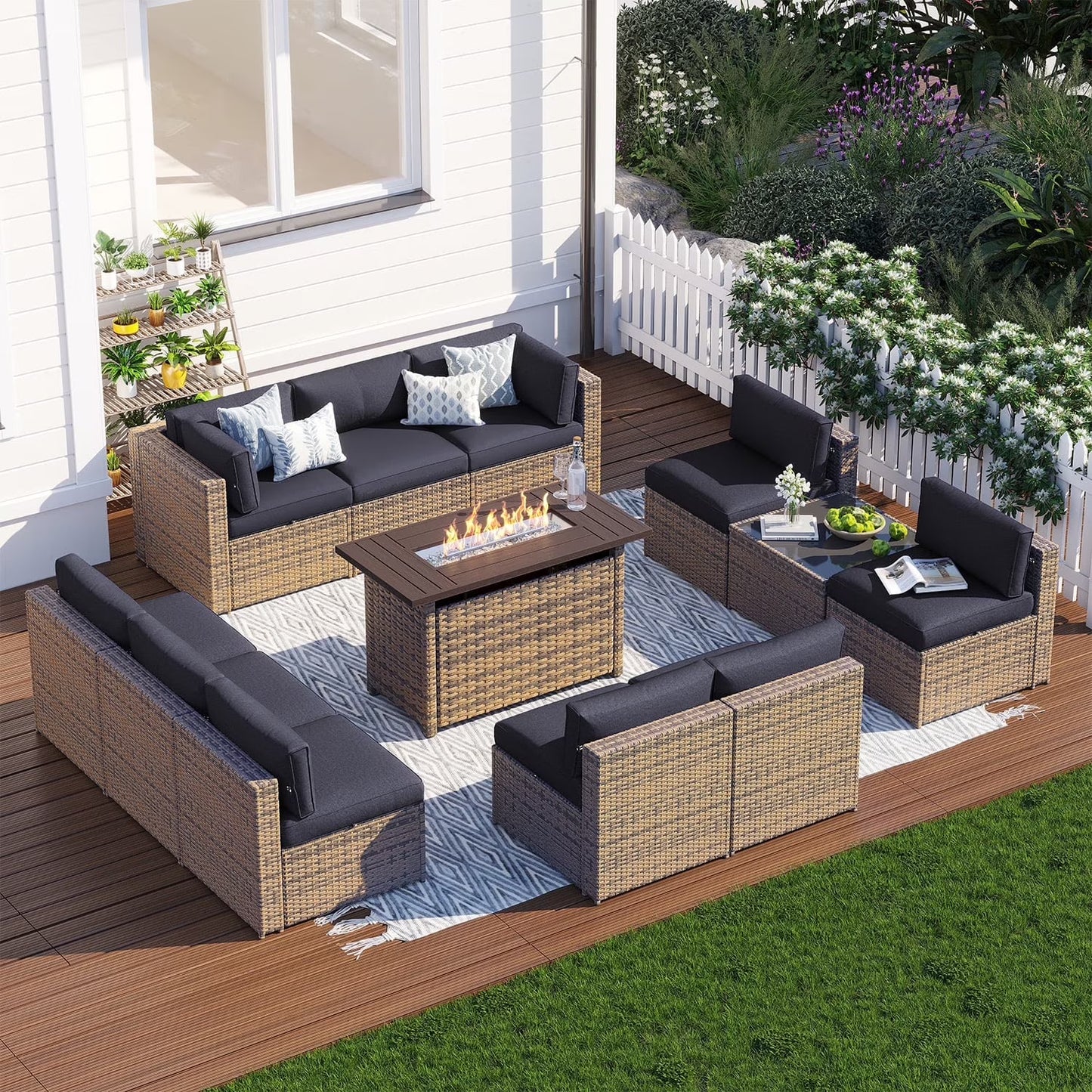 Clouddwell 12 Piece Patio Furniture Set with 44” Fire Pit Table Wicker Rattan Patio Conversation Set Outdoor Sectional Sofa Set with Coffee Table and Gray Cushions(Waterproof Cover Included)