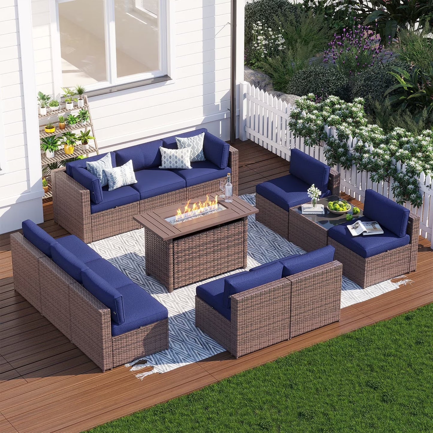 Clouddwell 12 Piece Patio Furniture Set with 44” Fire Pit Table Wicker Rattan Patio Conversation Set Outdoor Sectional Sofa Set with Coffee Table and Gray Cushions(Waterproof Cover Included)