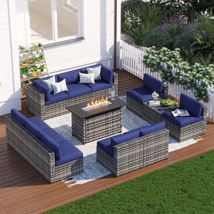 Clouddwell 12 Piece Patio Furniture Set with 44” Fire Pit Table Wicker Rattan Patio Conversation Set Outdoor Sectional Sofa Set with Coffee Table and Blue Cushions(Waterproof Cover Included)