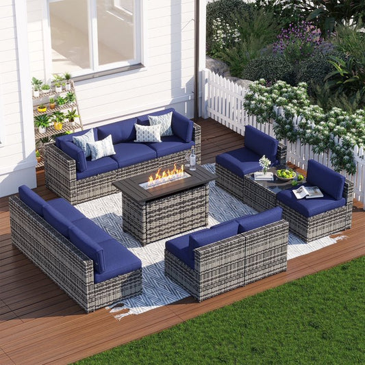 Clouddwell 12 Piece Patio Furniture Set with 44” Fire Pit Table Wicker Rattan Patio Conversation Set Outdoor Sectional Sofa Set with Coffee Table and Blue Cushions(Waterproof Cover Included)