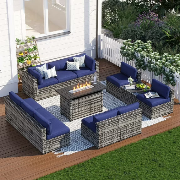 Clouddwell 12 Piece Patio Furniture Set with 44” Fire Pit Table Wicker Rattan Patio Conversation Set Outdoor Sectional Sofa Set with Coffee Table and Blue Cushions(Waterproof Cover Included)