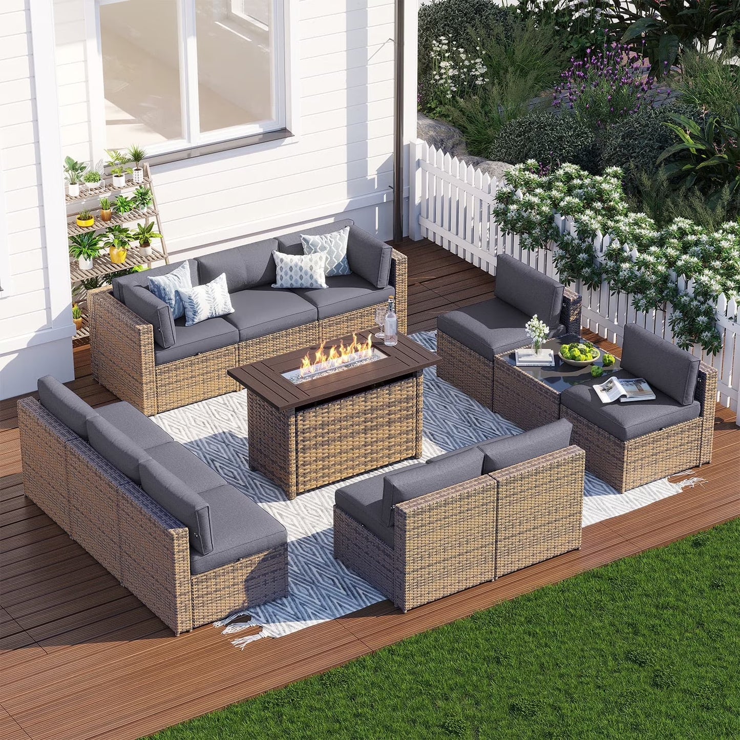 Clouddwell 12 Piece Patio Furniture Set with 44” Fire Pit Table Wicker Rattan Patio Conversation Set Outdoor Sectional Sofa Set with Coffee Table and Gray Cushions (Waterproof Cover Included)