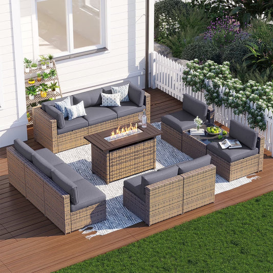 Clouddwell 12 Piece Patio Furniture Set with 44” Fire Pit Table Wicker Rattan Patio Conversation Set Outdoor Sectional Sofa Set with Coffee Table and Gray Cushions (Waterproof Cover Included)