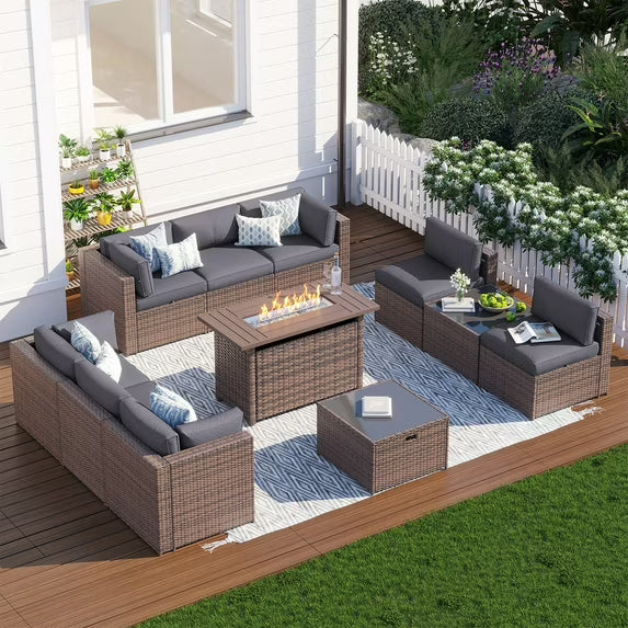 Clouddwell 12 Piece Patio Furniture Set with 44” Fire Pit Table Wicker Rattan Patio Conversation Set Outdoor Sectional Sofa Set with Coffee Table and Gray Cushions(Waterproof Cover Included)