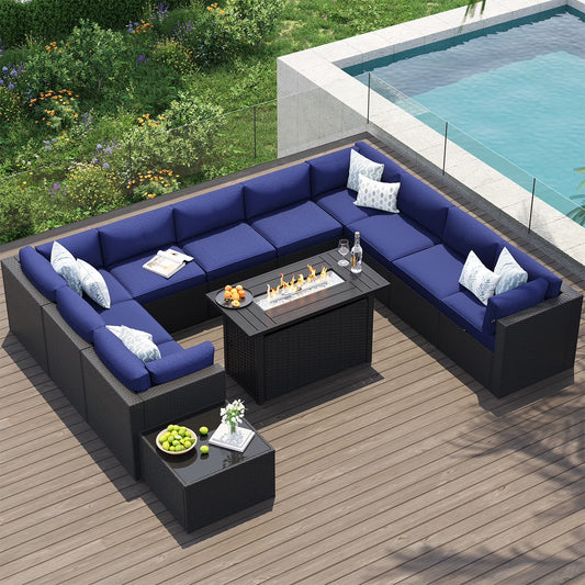 Clouddwell 12-Piece Patio Furniture Set With Fire Table On Sale, Black Rattan Wicker Outdoor Sectional Sofa Couch with Table Patio Conversation Set for Lawn& Backyard,Blue