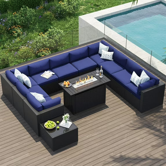 Clouddwell 12-Piece Patio Furniture Set With Fire Table On Sale, Black Rattan Wicker Outdoor Sectional Sofa Couch with Table Patio Conversation Set for Lawn& Backyard,Blue