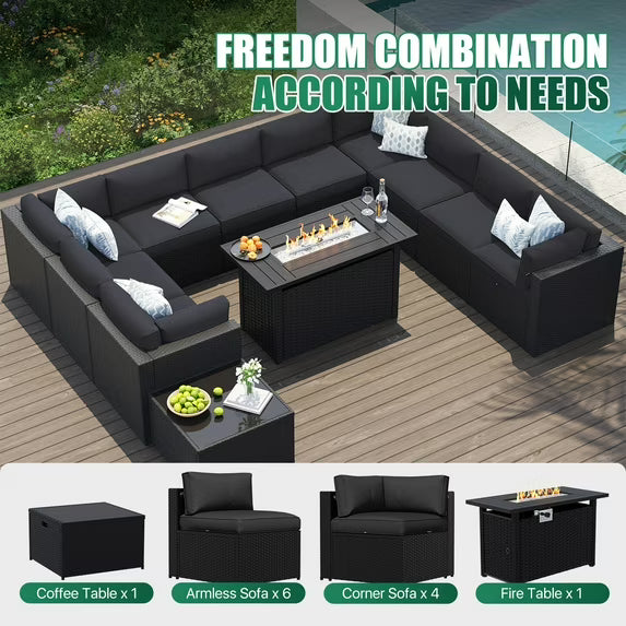 Clouddwell 12-Piece Patio Furniture Set With Fire Table On Sale, Black Rattan Wicker Outdoor Sectional Sofa Couch with Table Patio Conversation Set for Lawn& Backyard,Black