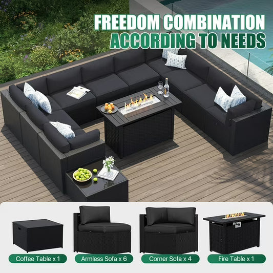 Clouddwell 12-Piece Patio Furniture Set With Fire Table On Sale, Black Rattan Wicker Outdoor Sectional Sofa Couch with Table Patio Conversation Set for Lawn& Backyard,Black