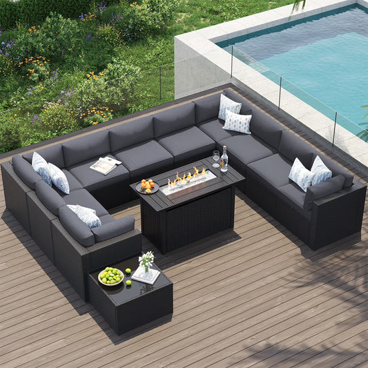 Clouddwell 12-Piece Patio Furniture Set With Fire Table On Sale, Black Rattan Wicker Outdoor Sectional Sofa Couch with Table Patio Conversation Set for Lawn& Backyard,Gray