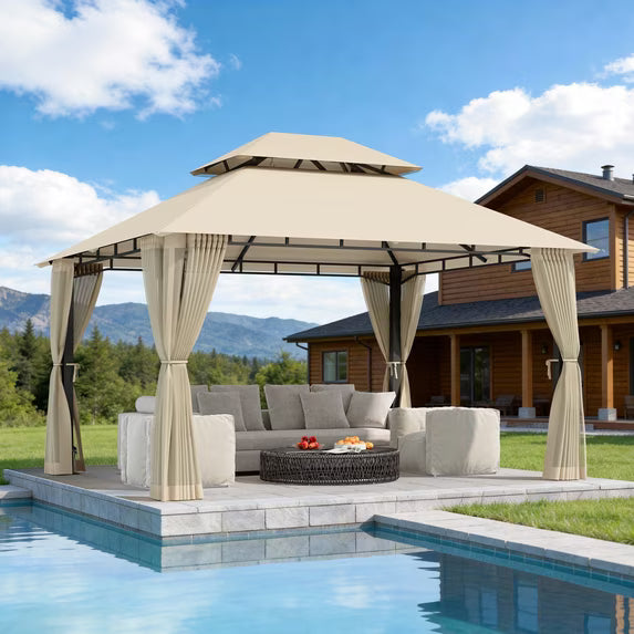LazySunsets 12'x 10' Patio Gazebo Double Roof Protection All-Weather Outdoor Shelter Features Insect Screens for Backyard, Lawn, (Beige)