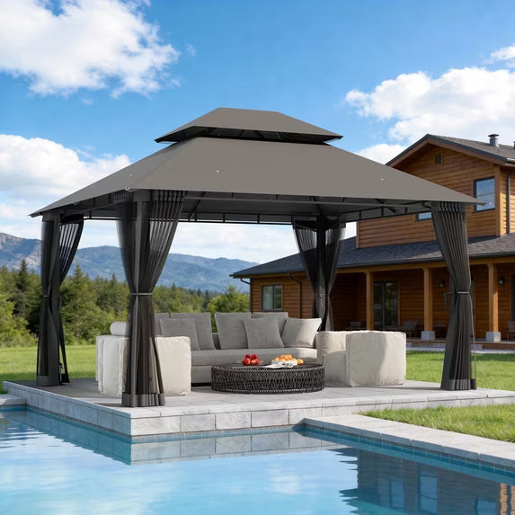LazySunsets 12'x 10' Patio Gazebo Double Roof Protection All-Weather Outdoor Shelter Features Insect Screens for Backyard, Lawn, (Gray)