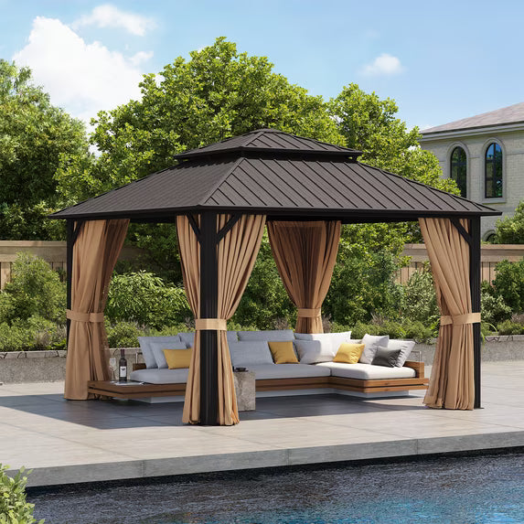 Clouddwell 12' x 12' Gazebo for Patio, Gazebo Pergola with Sloped Roof, Large Wall-Mounted Heavy Duty Awnings, for Deck, Patio and Backyard,Brown