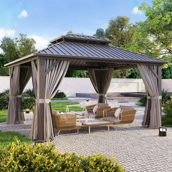 Clouddwell 12' x 14' Gazebo for Patio, Gazebo Pergola with Sloped Roof, Large Wall-Mounted Heavy Duty Awnings, for Deck, Patio and Backyard