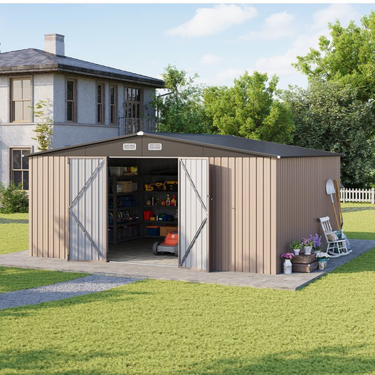 Clouddwell 12 x 14FT Shed Outdoor Storage Shed with Double Hinged Large Door, Large Metal Shed with Lockable Door & Sloped Roof for Garden, Backyard, Patio and Backyard, Brown